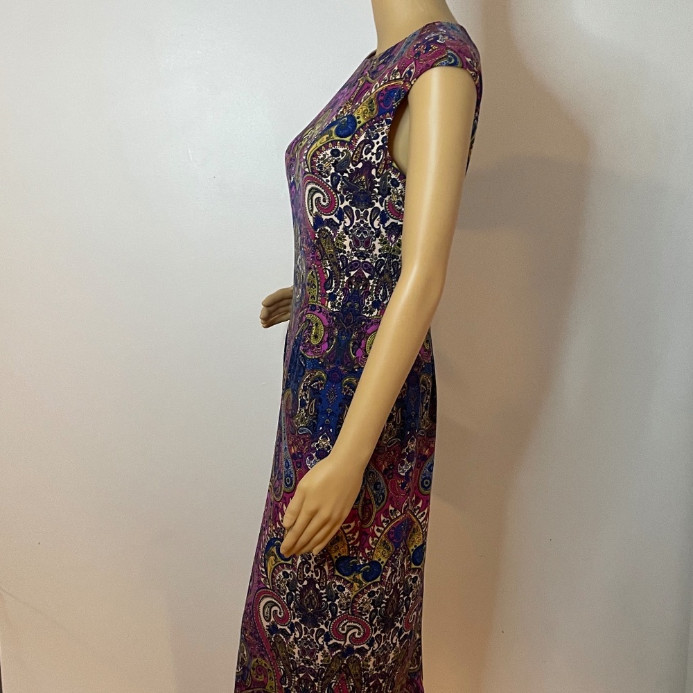 Purple green yellow navy paisley sheath midi dress - Picture 6 of 12